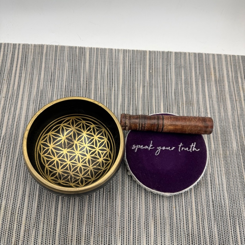 Tibetan Singing Bowl Set Flower of Life Matte Black Meditation Sound Healing 4in